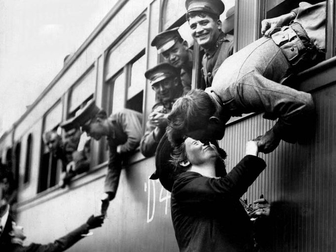 Soldiers leaving loved ones for The Great War