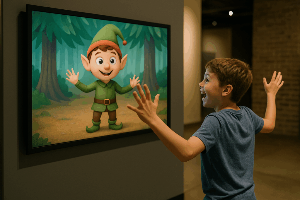 A child excitedly interacts with a display.