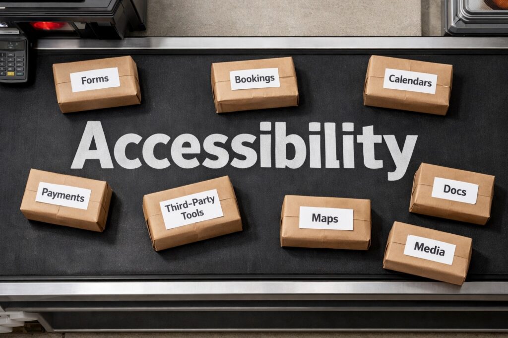 Packages labeled forms, bookings, calendars, payments, maps, documents, media, and third-party tools moving across a conveyor belt with the word accessibility beneath them