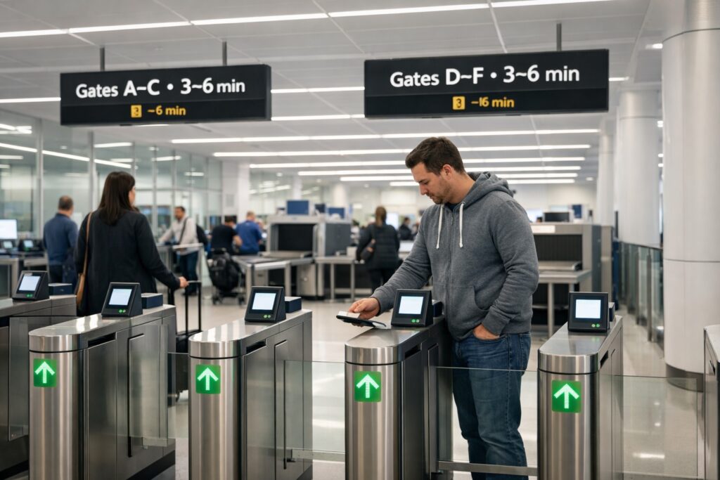 Airport access control gates with traveler scanning boarding pass, illustrating digital security governance and controlled system access
