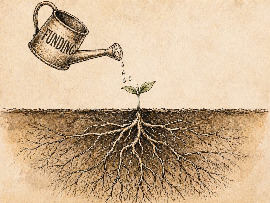 Illustration of a watering can labeled Funding nurturing a small plant with deep roots, symbolizing museum grant readiness and project planning.