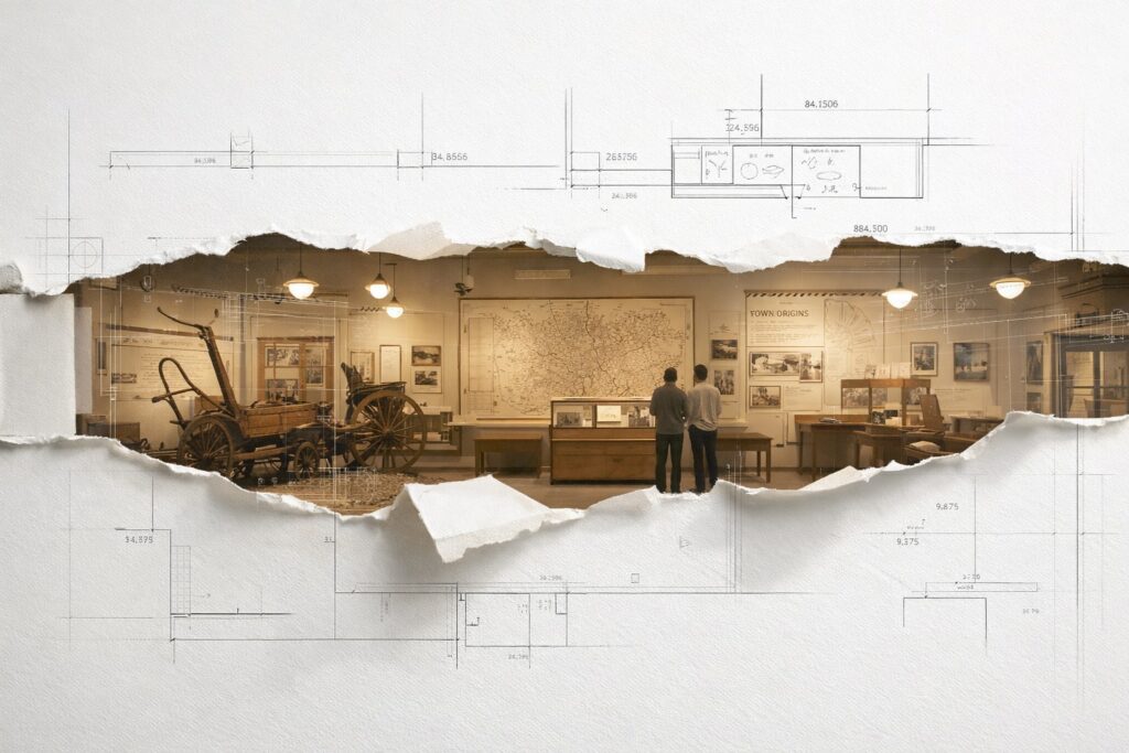 Prairie town museum exhibit revealed through torn paper with planning lines and layout measurements