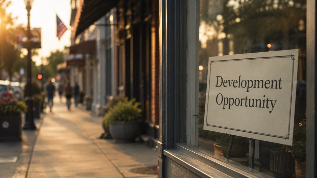 Development opportunity sign in focus on a small-town storefront, representing how economic development websites help investors find clear business opportunities.