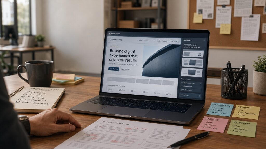 Laptop showing an AI-generated website draft with human review notes for accessibility, security, strategy, UX, and content.